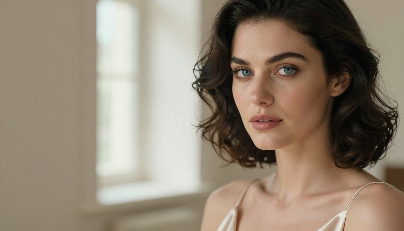 Elegant close-up portrait of woman in champagne satin dress with soft natural light
