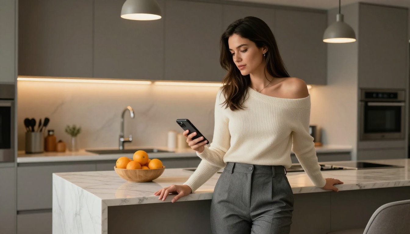 Fashionable woman checking AI results on phone in modern kitchen
