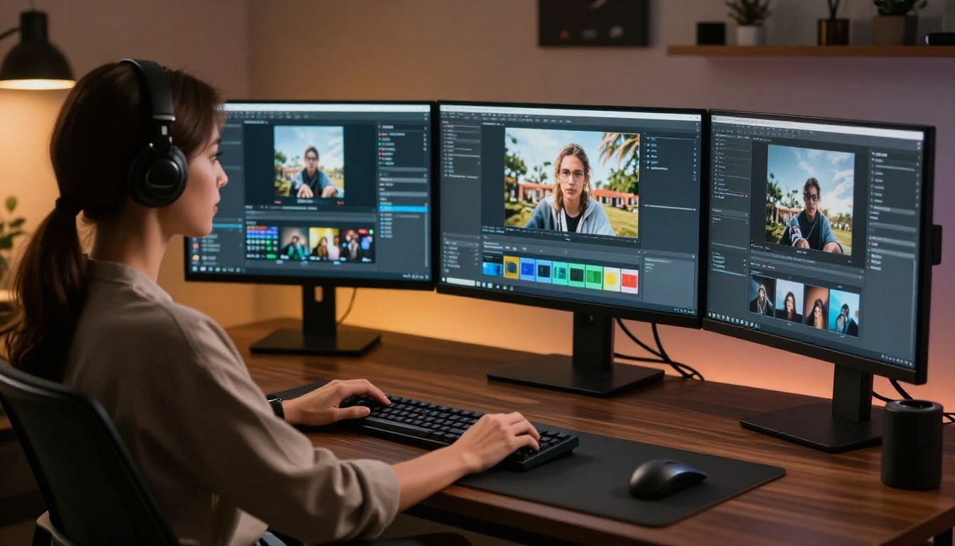Content creator reviewing AI video at a professional workstation with multiple screens