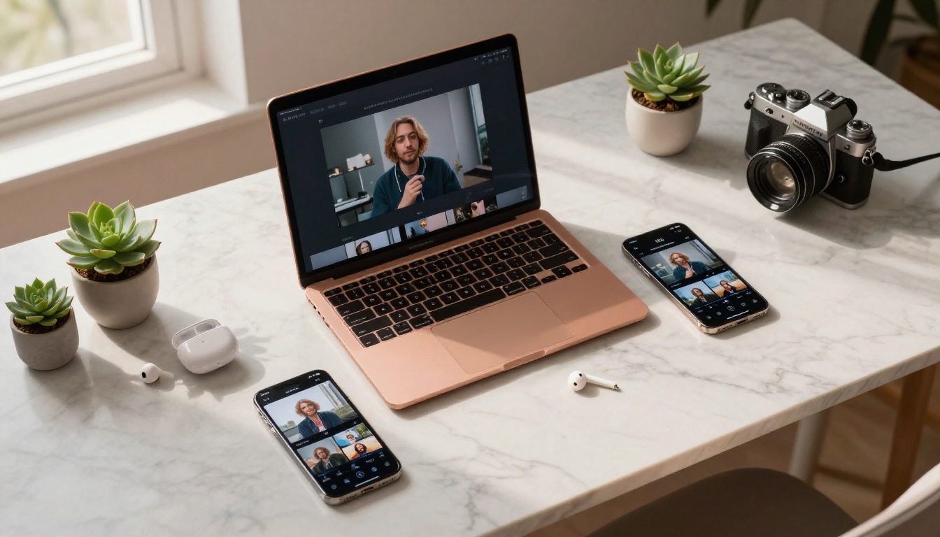 Overhead aerial flat lay of a content creator workspace with multiple AI interfaces displayed on smartphones and laptop