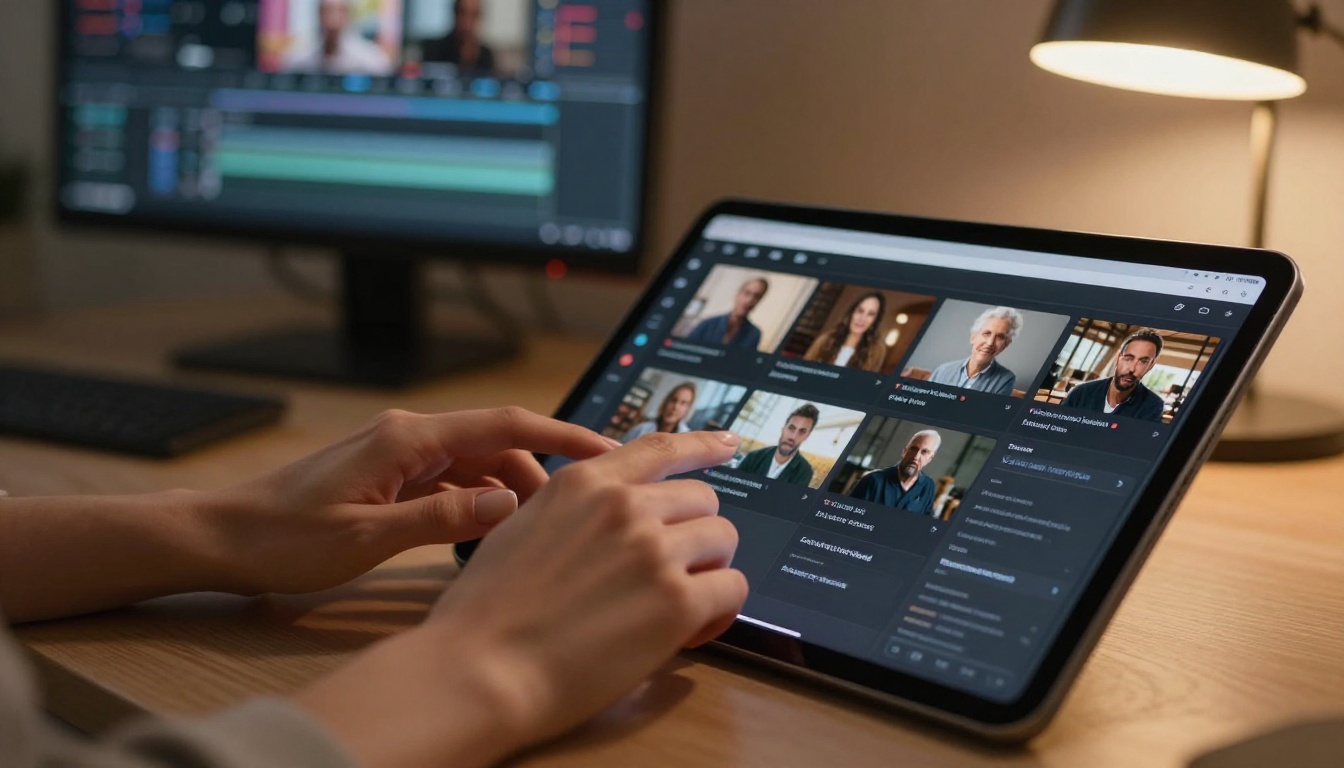 Female hands with manicured nails selecting AI video model parameters on an iPad with editing timeline in background