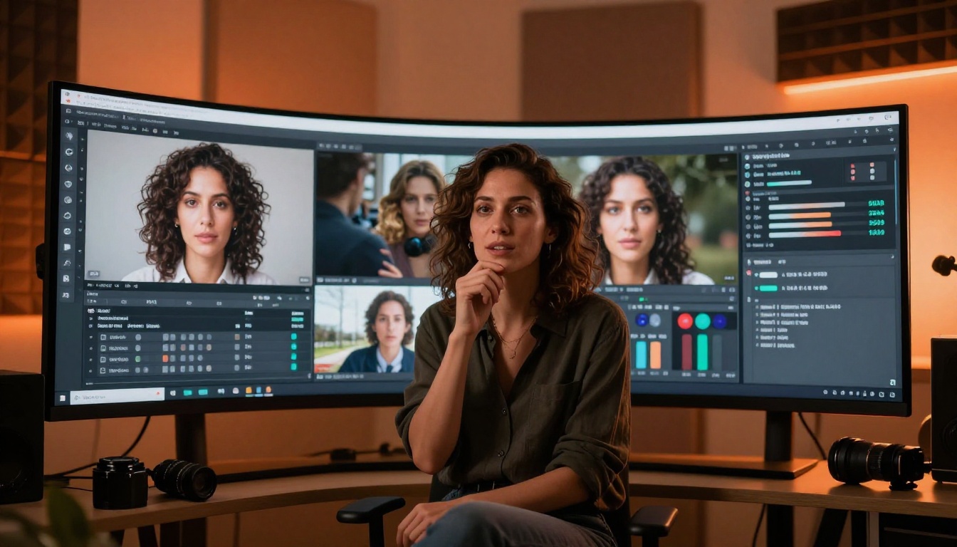 Creative professional woman analyzing AI video results on a large 4K monitor with secondary screen showing parameter controls