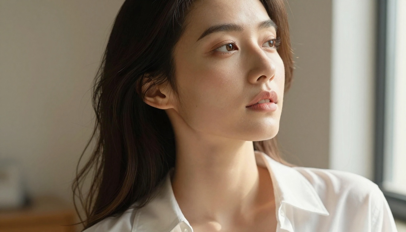 Realistic low-angle portrait with natural skin texture, soft north-facing window ambient light, individual hair strands catching warmth, open white shirt revealing bare shoulders and collarbones
