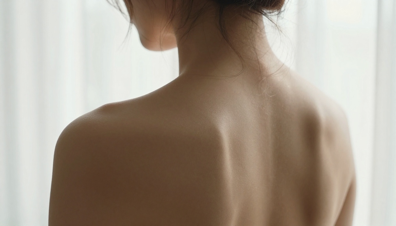 Artistic back and bare shoulders study, diffused afternoon backlight through sheer white curtains, spine curve and shoulder blade definition, extraordinary fine skin texture with illuminated surface hair, 100mm macro lens perspective