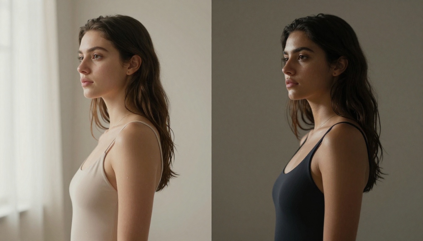 Split-composition photography study showing two different studio lighting setups side by side, two women with different complexions posing naturally, contrasting soft diffused window light versus dramatic directional spot lighting, demonstrating how light source affects skin tone rendering and texture depth