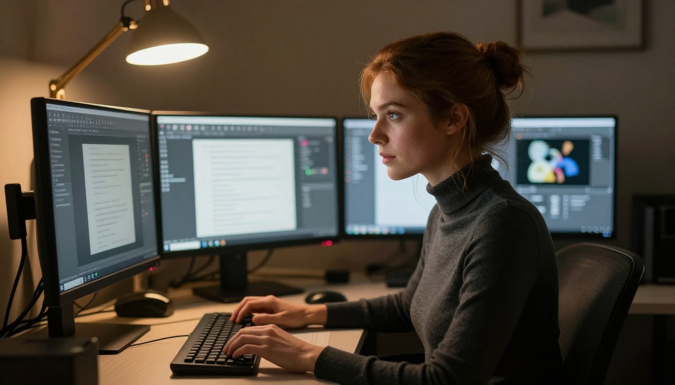 A creative professional working at a warmly lit desk studio at night A creative professional working at a warmly lit desk studio at night