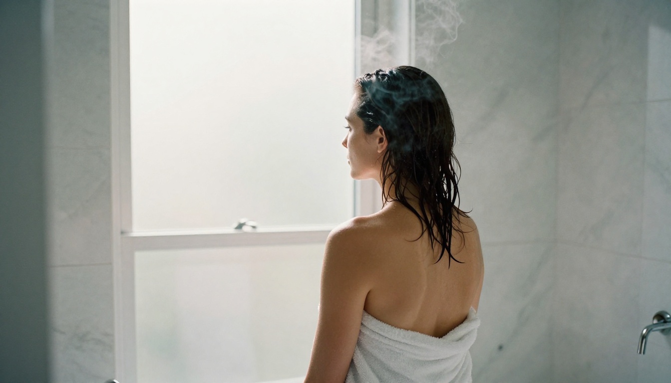 Woman in luxury bathroom with natural soft window light Woman in luxury bathroom with natural soft window light