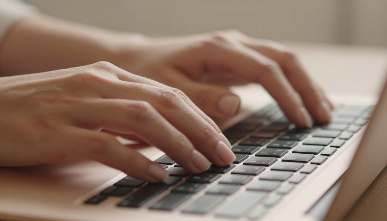 Close-up of elegant hands typing on a keyboard, warm natural light Close-up of elegant hands typing on a keyboard, warm natural light