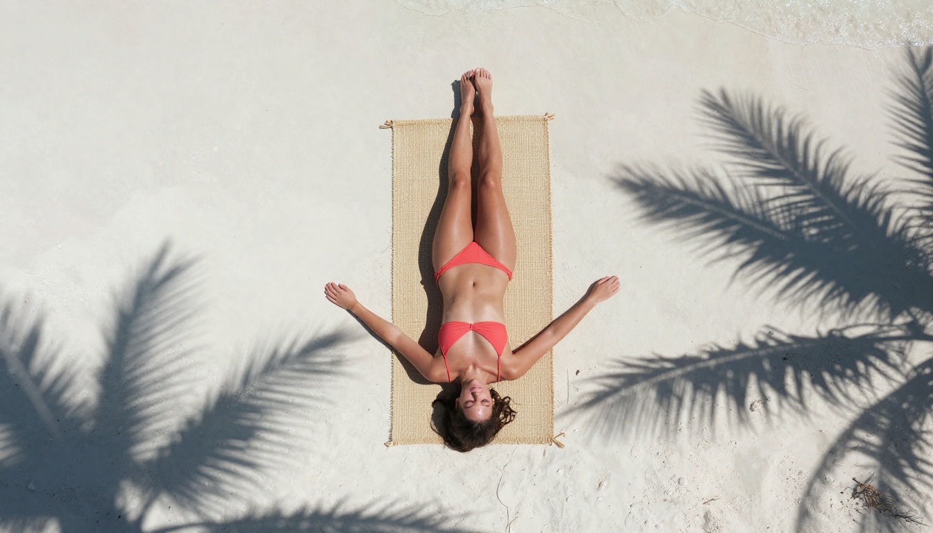 Woman sunbathing aerial view, white sand beach