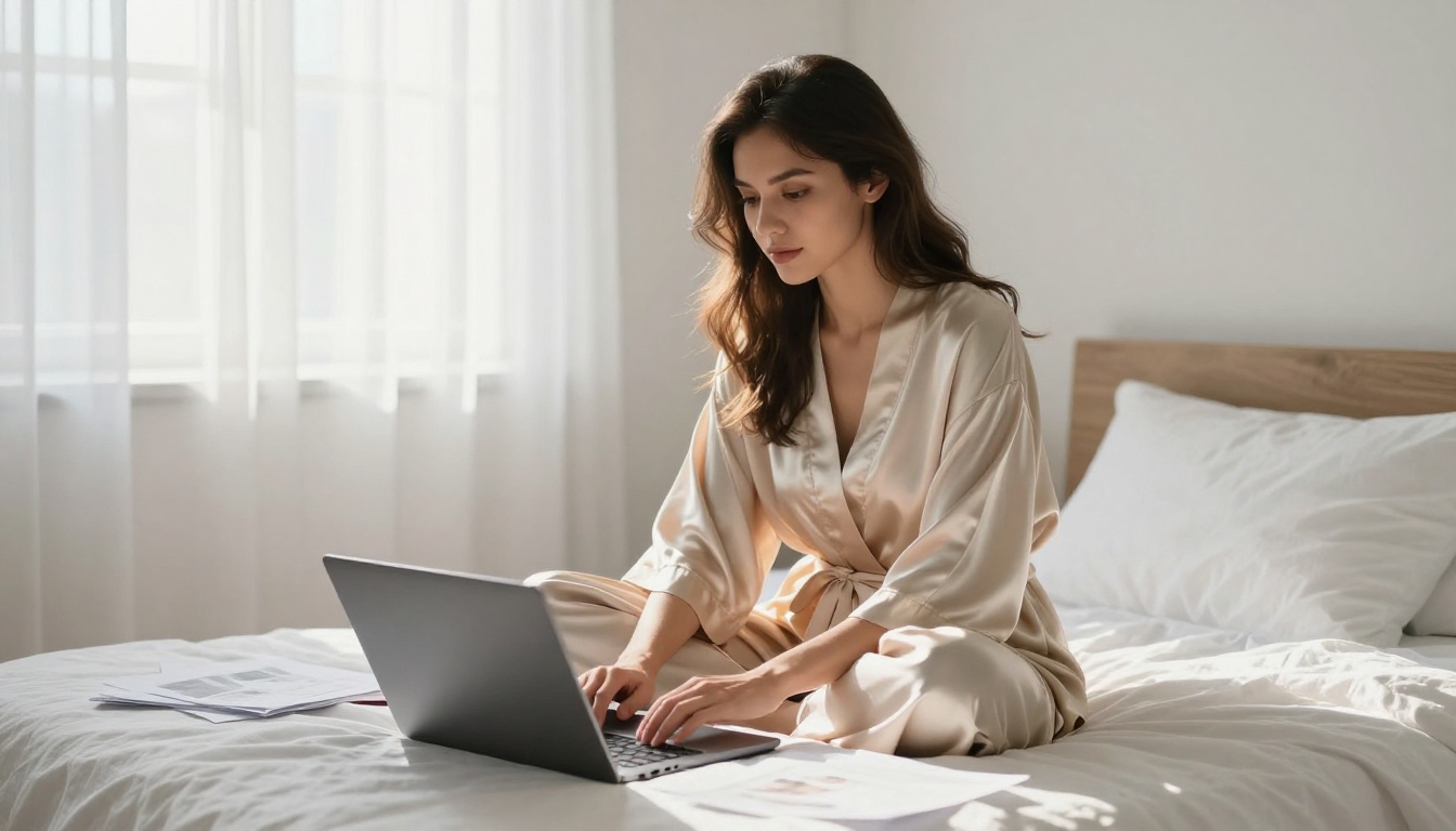 A woman in a silk robe working on a laptop in soft morning light on a bed A woman in a silk robe working on a laptop in soft morning light on a bed