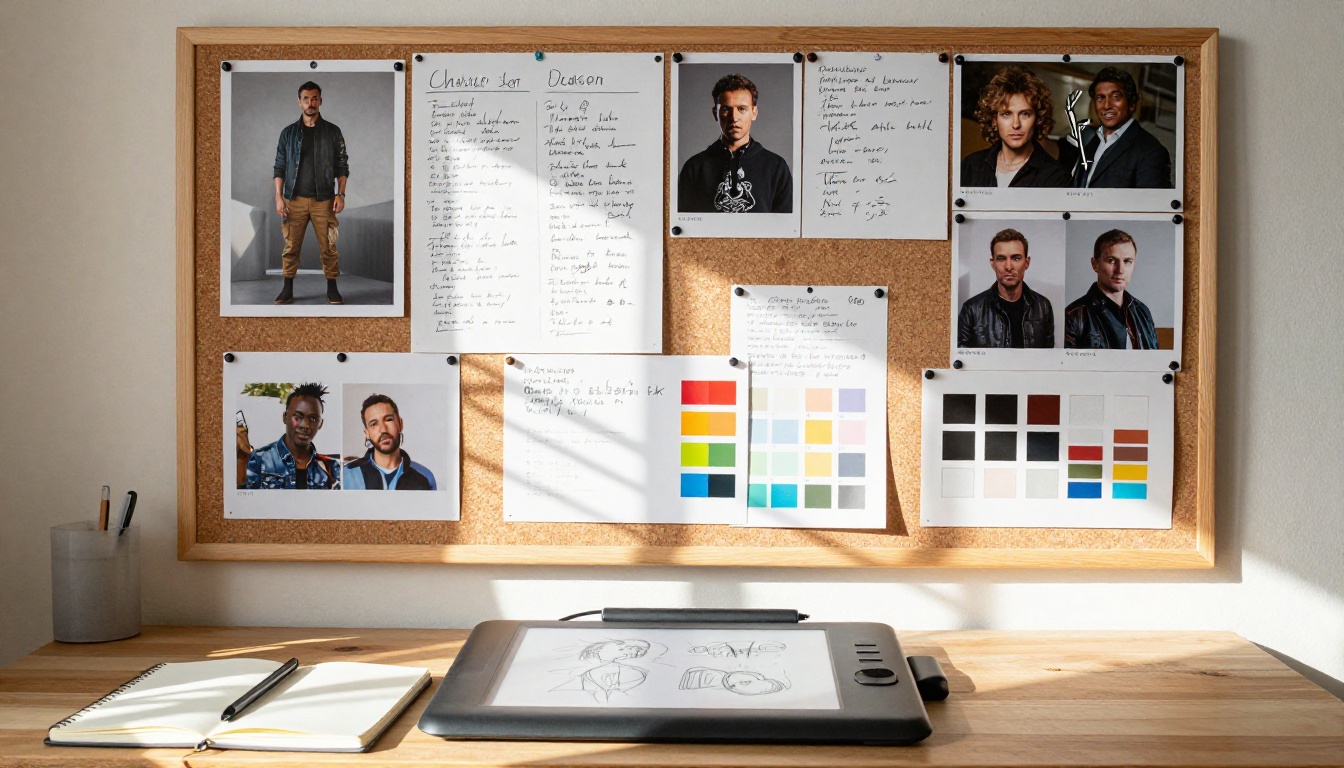 An artist's creative workspace with mood board, drawing tablet, and reference images in afternoon light