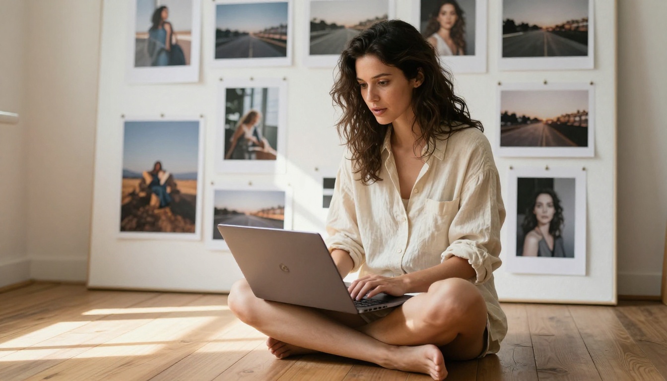Creative woman in photography studio working on AI image generation interface