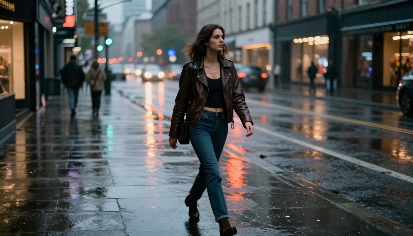 Woman walking rain-wet city street at dusk, puddle reflections