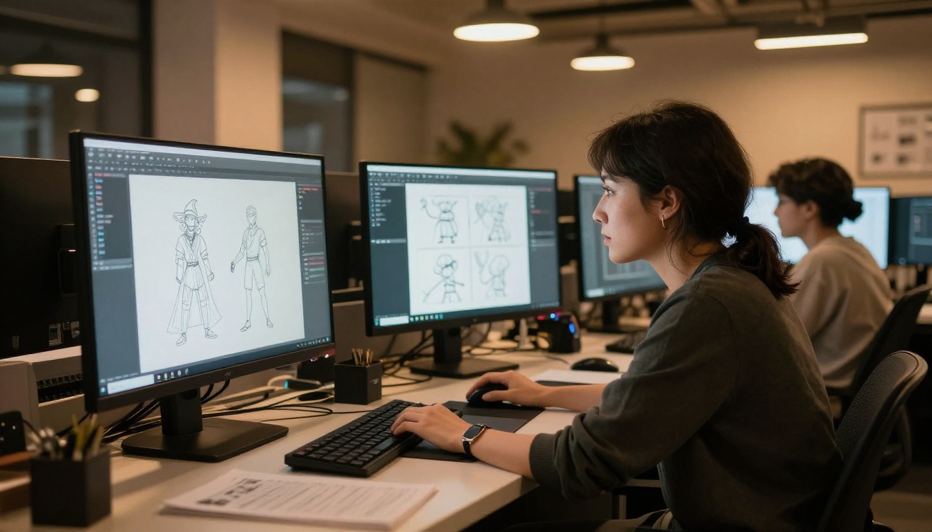 Two creative professionals reviewing digital art and character designs on large monitors at night