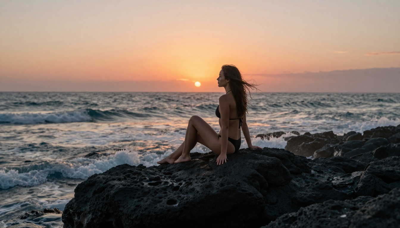 Woman in black bikini sitting on volcanic rocks at the ocean during a dramatic sunset