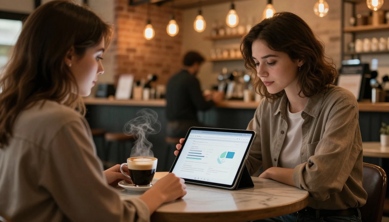Woman comparing AI models on a tablet in a warm, amber-lit coffee shop