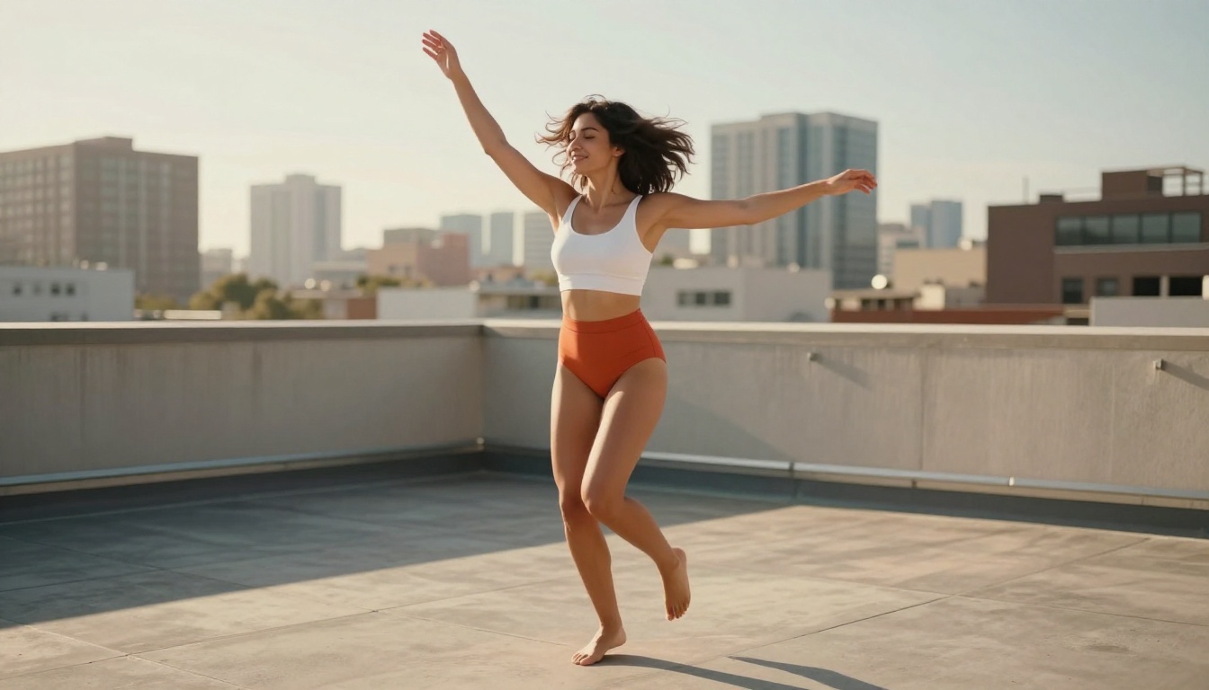 Woman in terracotta swimsuit bottoms dancing freely on a sun-drenched urban rooftop