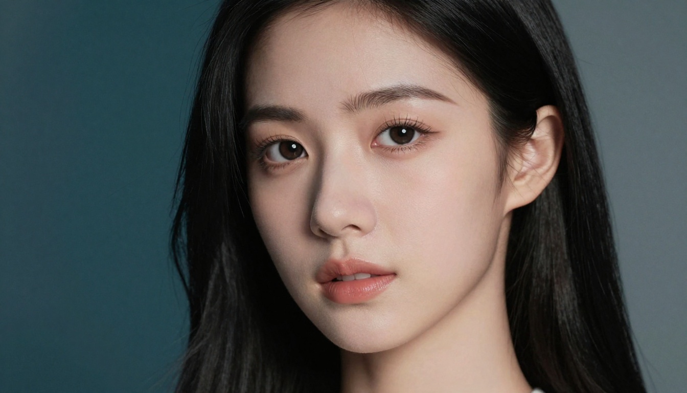 Photorealistic close-up portrait with anime-inspired features, almond eyes, porcelain skin, teal background Photorealistic close-up portrait with anime-inspired features, almond eyes, porcelain skin, teal background