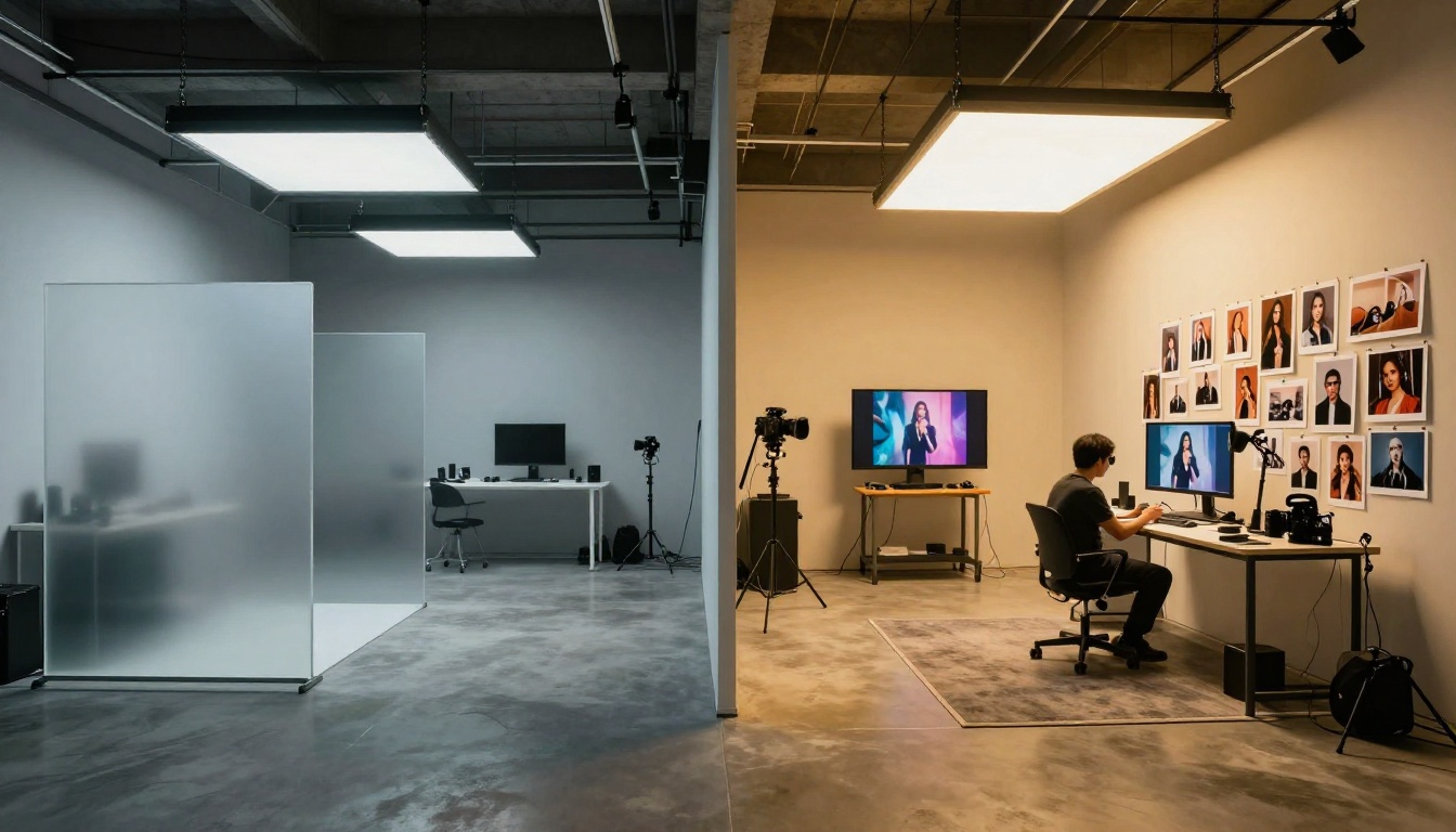 Studio concept showing the contrast between restricted and open creative environments Studio concept showing the contrast between restricted and open creative environments
