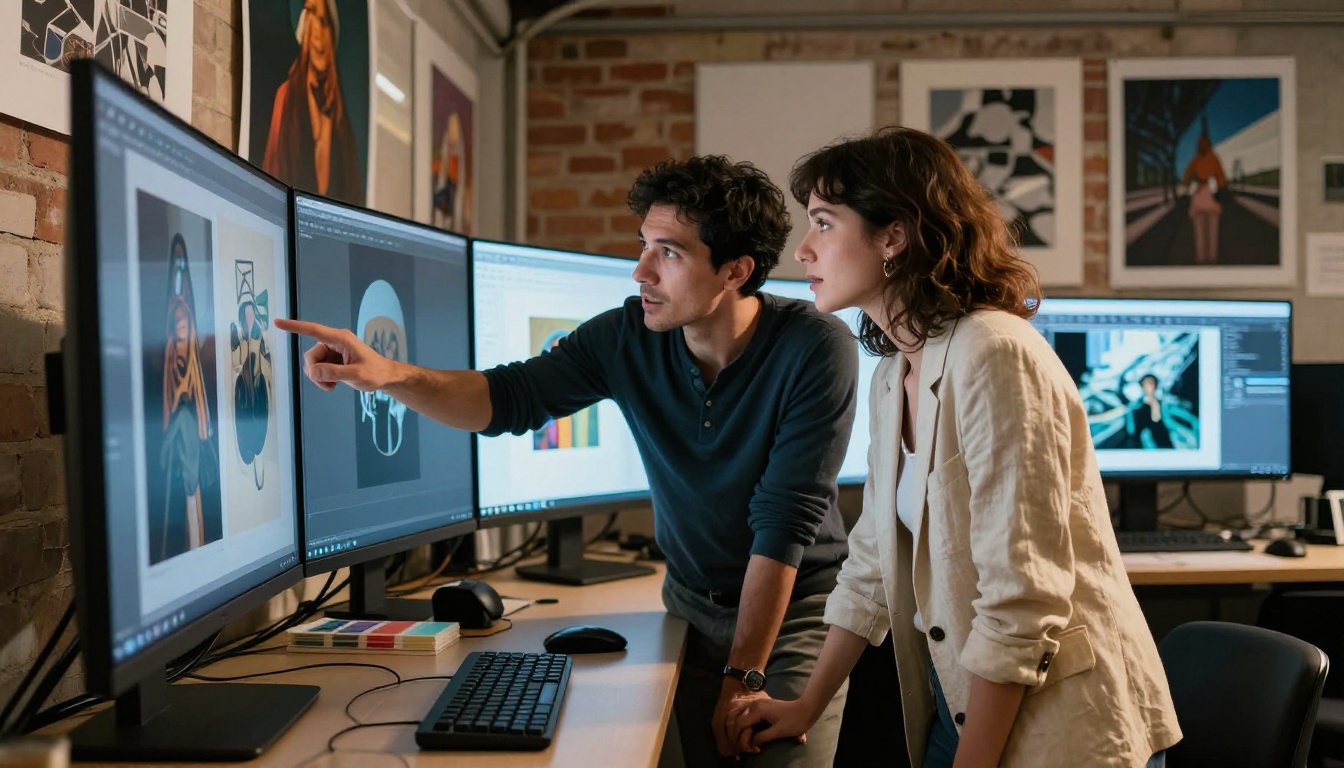 Creative team reviewing AI art on large studio monitor Creative team reviewing AI art on large studio monitor