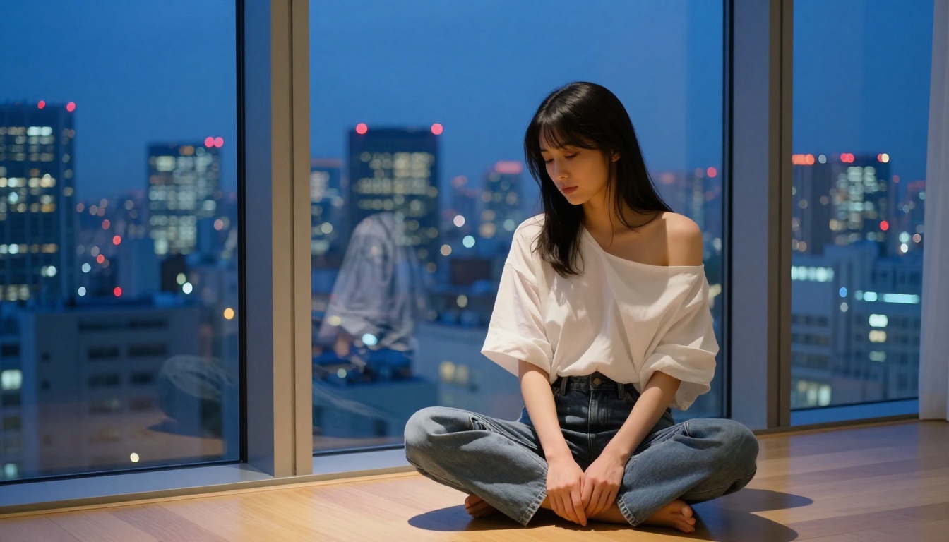 Japanese woman in oversized white shirt in minimalist Tokyo apartment at night, city skyline blue hour bokeh