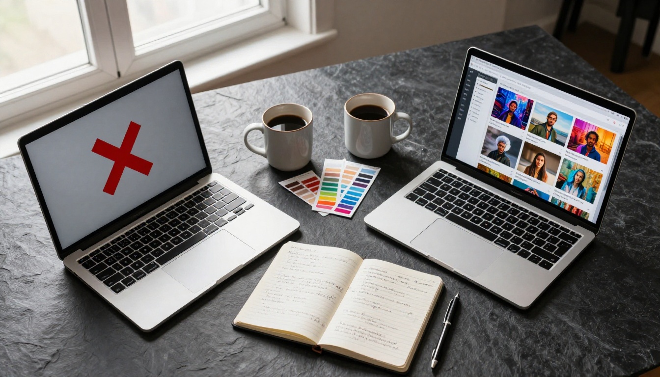 Two laptops side by side showing blocked vs successful AI image generation