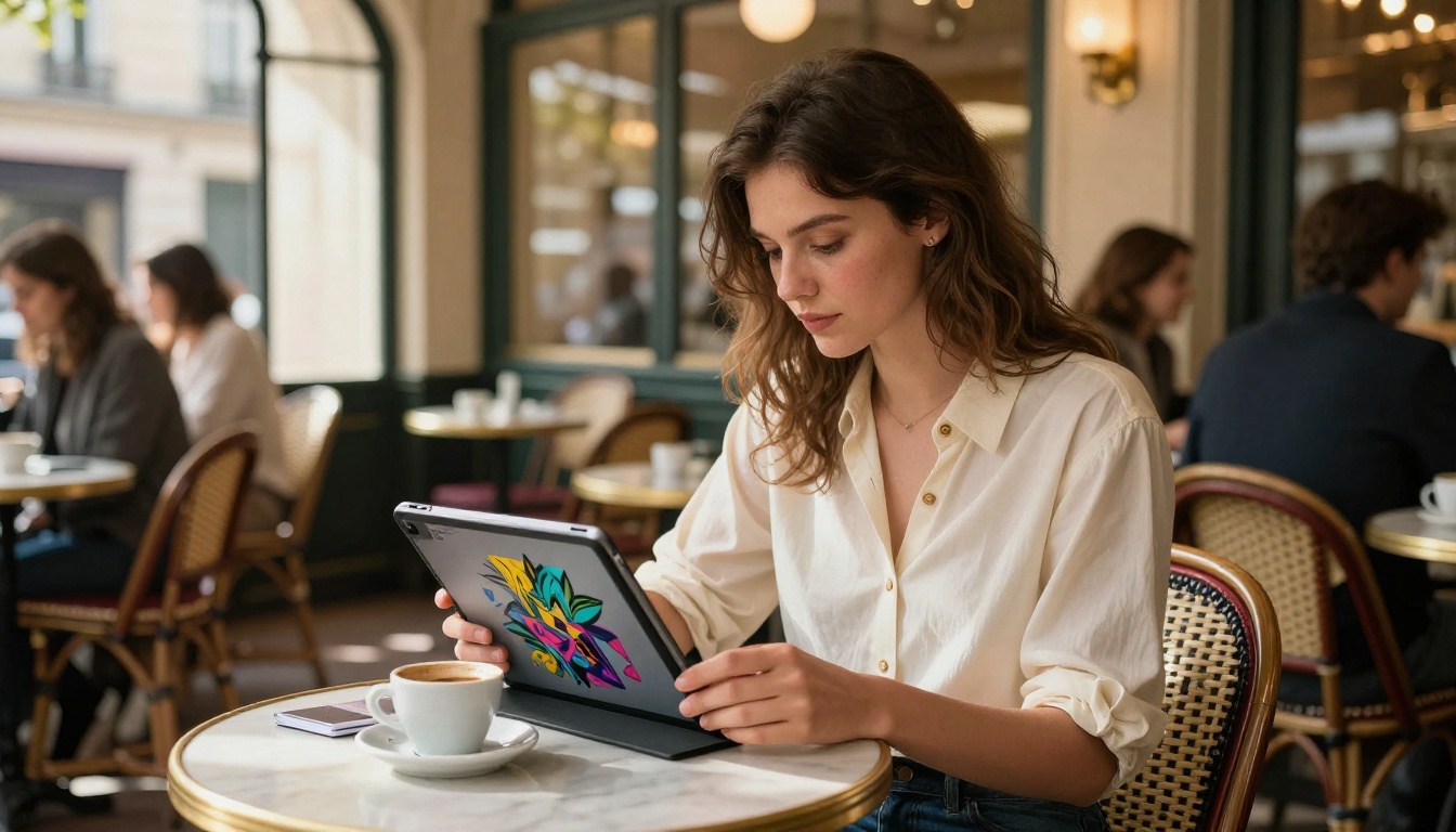 Woman browsing AI art on a tablet in a Parisian café