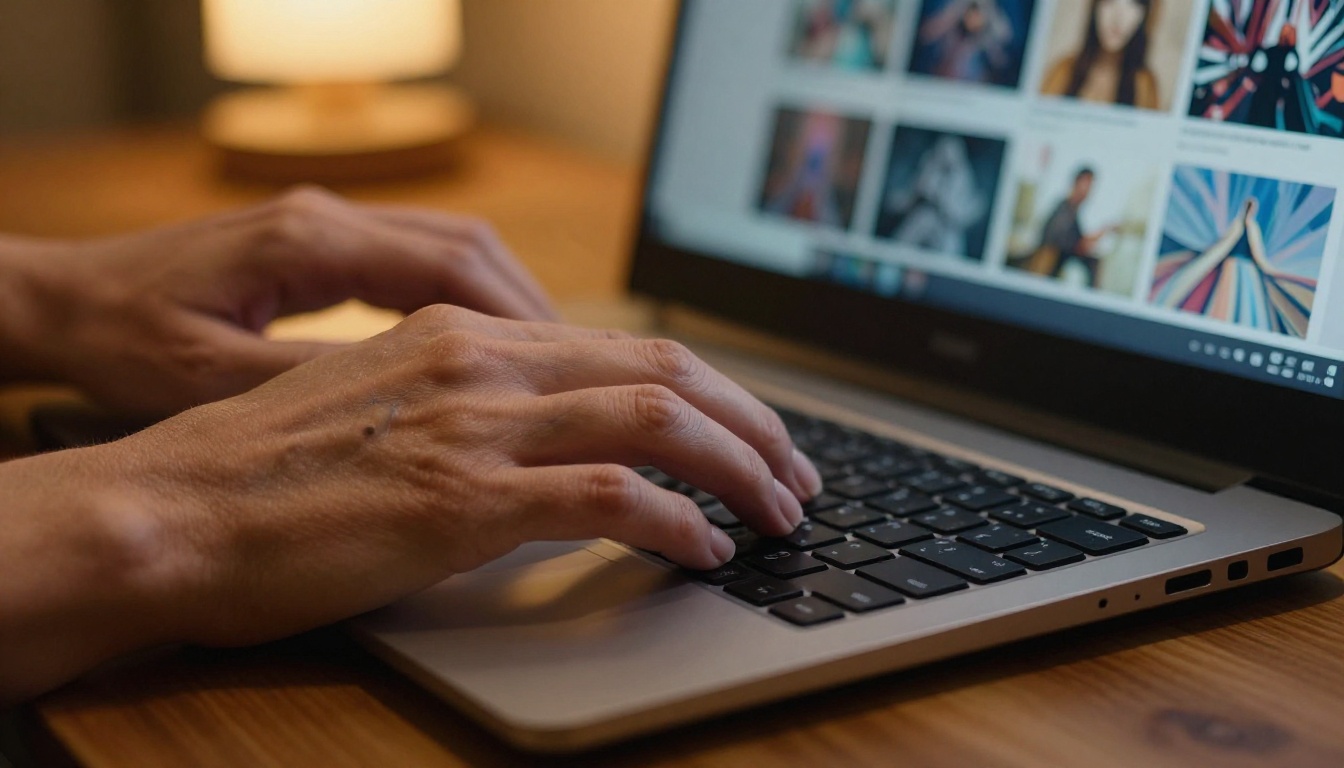 Close-up of a woman's hands typing prompts on a keyboard with AI art visible on screen