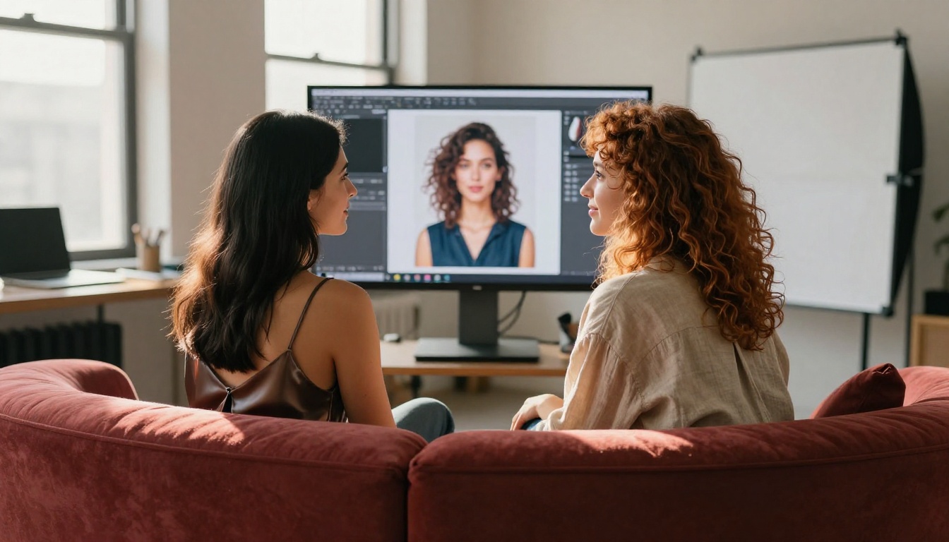 Two creators collaborating on AI art at a studio workstation