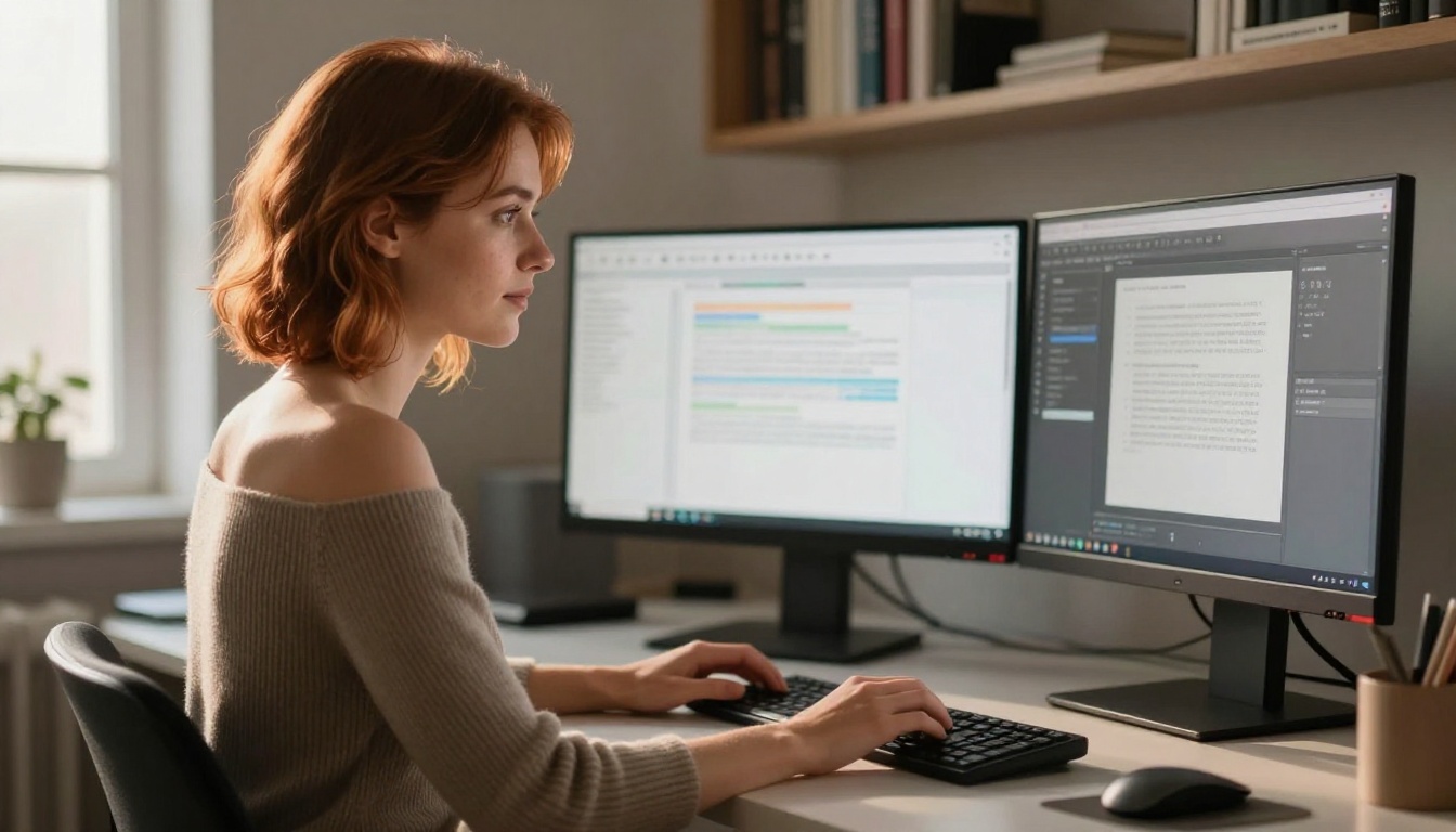 Woman writing intensely at a dual-monitor setup in a warm, creative workspace