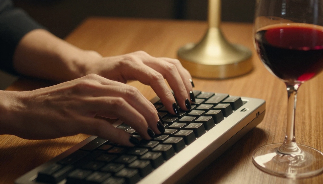 Close-up of elegant hands typing on a mechanical keyboard during an intimate writing session