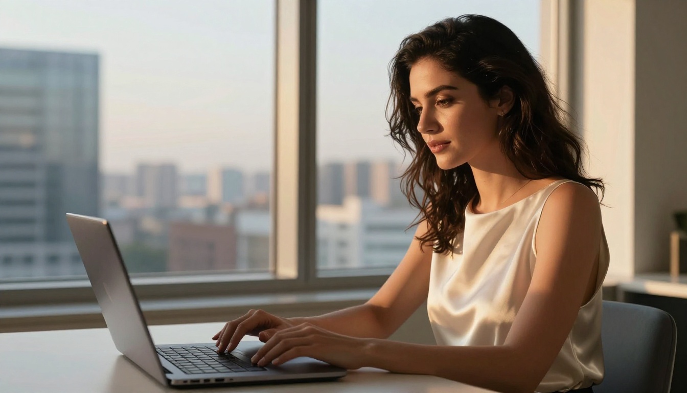 Beautiful woman with dark wavy hair at sleek Scandinavian desk with glowing laptop, floor-to-ceiling city view at golden hour, Kodak Portra 160 film colors, photorealistic 8K