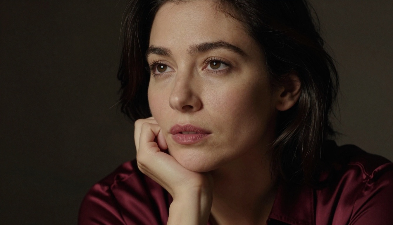 Thoughtful woman with dramatic Rembrandt lighting gazing off-camera in deep creative contemplation