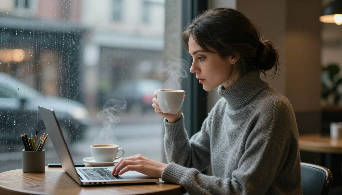 Woman at a rainy café window working intently on a laptop, moody creative atmosphere