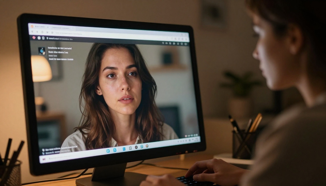 AI chat interface displayed on a monitor with a woman's reflection visible on the screen