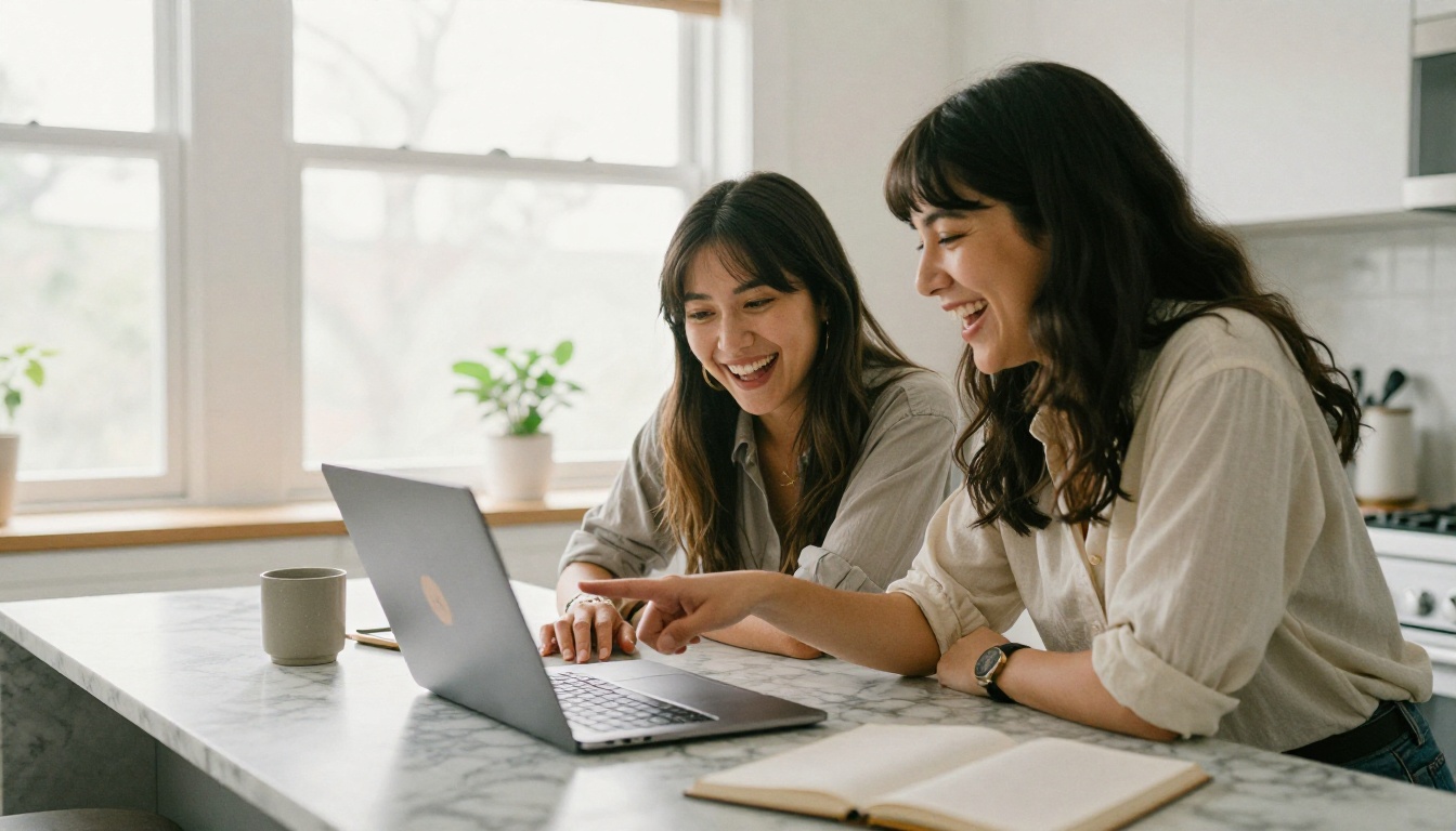 Two women laughing together while collaborating on a laptop at a modern kitchen island