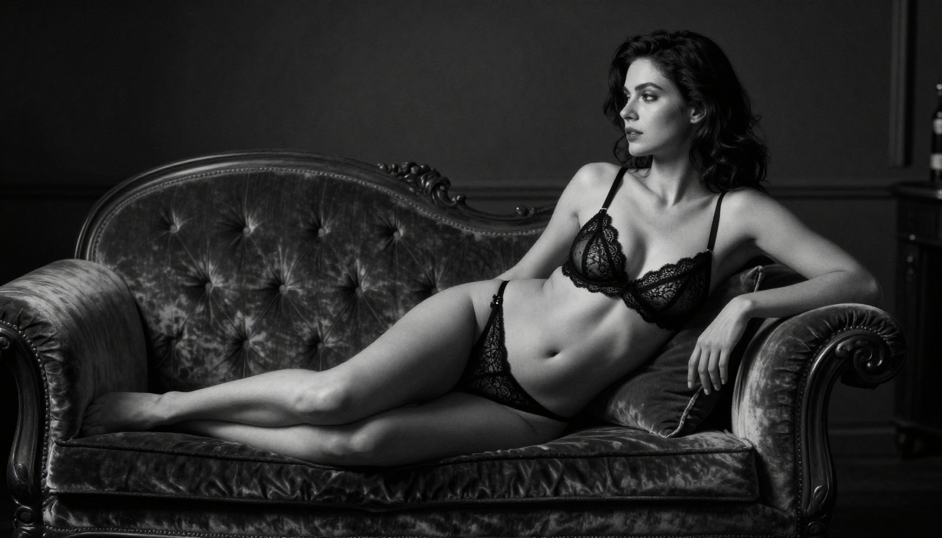 Black and white fine art boudoir photograph, Rembrandt lighting, velvet chaise lounge