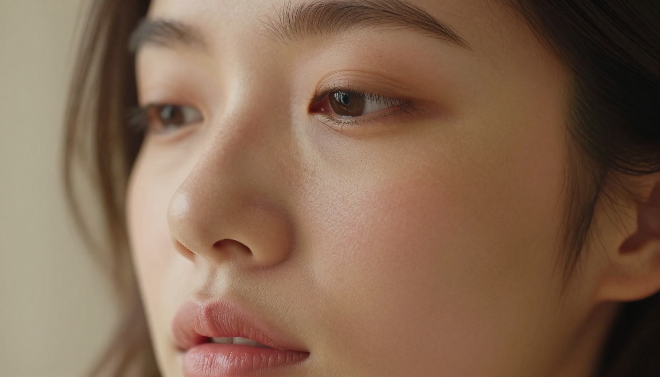 Close-up macro portrait, woman's face, split lighting, natural skin texture, 105mm lens