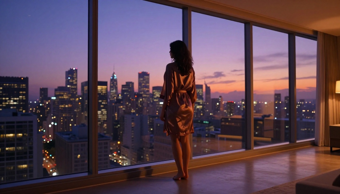 Woman silhouetted against purple-orange city twilight through penthouse windows