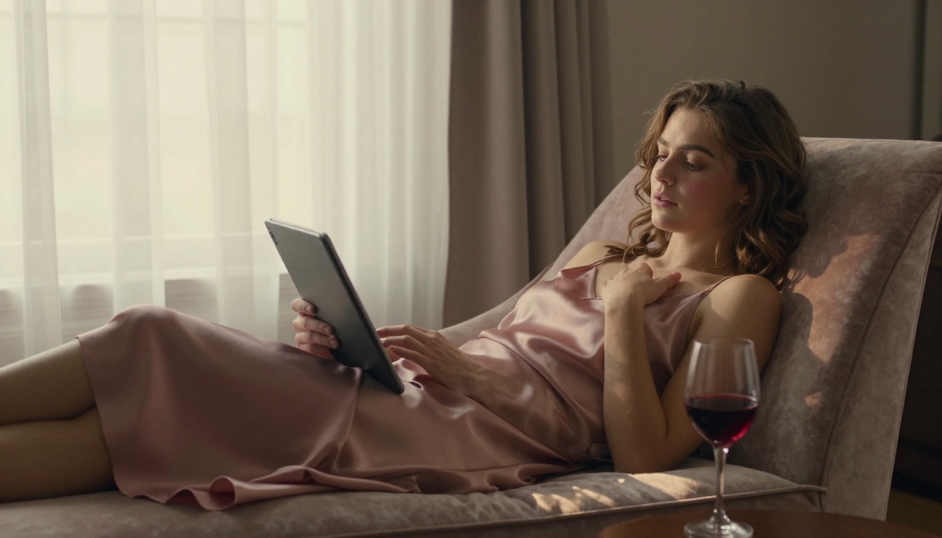 Woman absorbed in reading on a velvet lounge