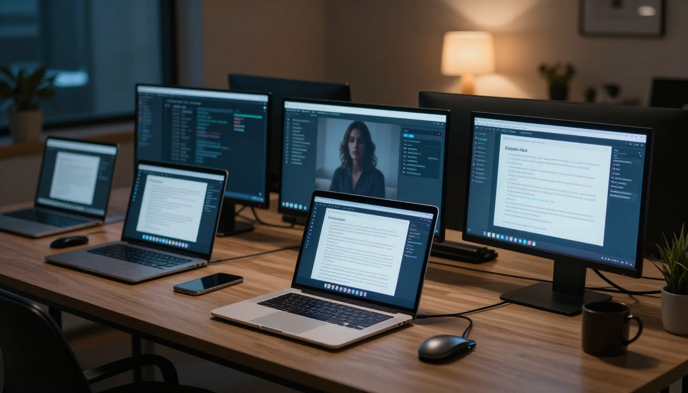 Multiple AI interface screens on a creative desk