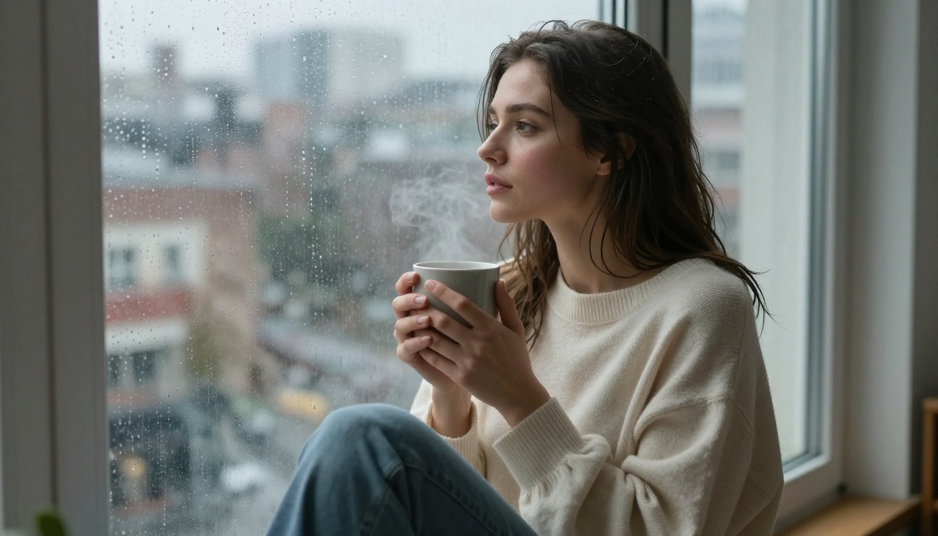 Woman pensive by rainy window, creative mood
