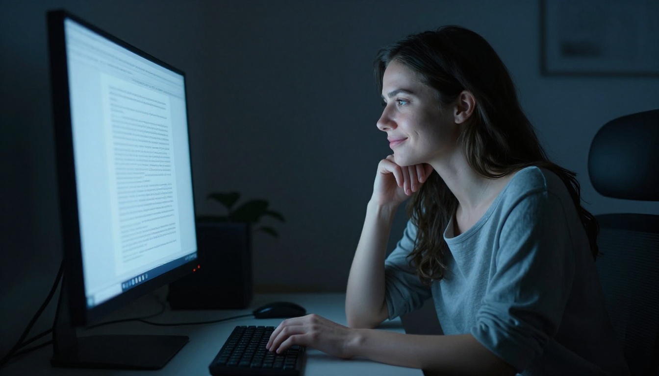 Woman at monitor glow, creative writing at night