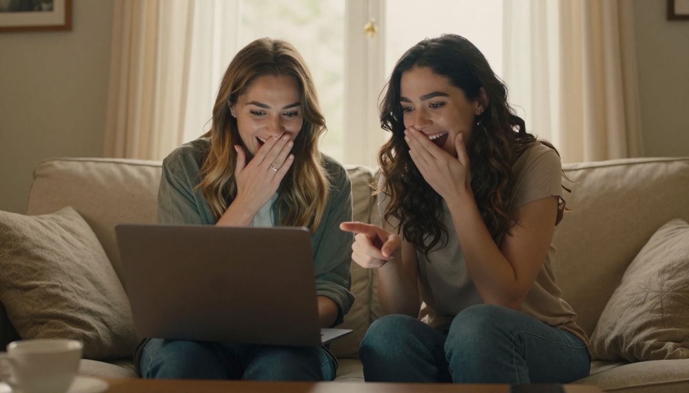 Two women sharing a laugh over a laptop screen