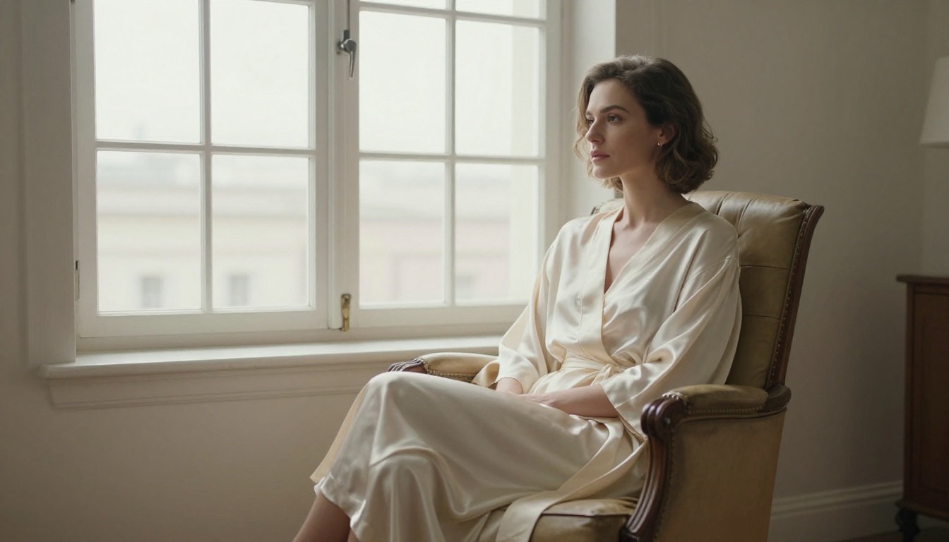 Elegant woman in silk robe by window, editorial photography style