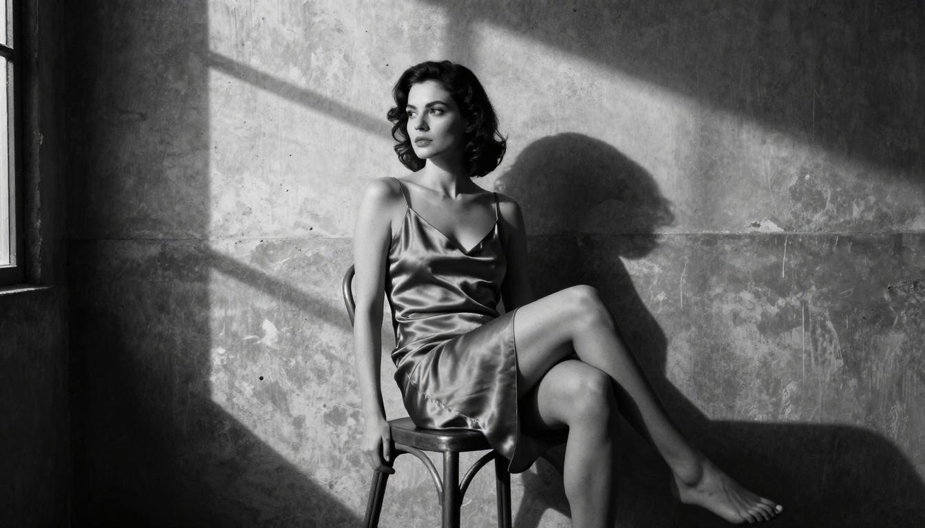 Dramatic black and white portrait of woman in silk slip dress in sparse industrial space, hard window light creating powerful shadows, film noir aesthetic chiaroscuro