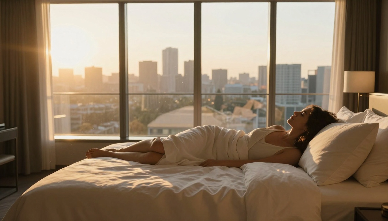 Woman relaxing on hotel bed with morning light, photorealistic