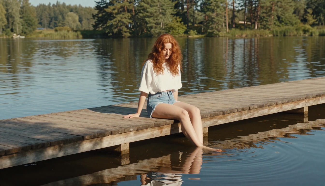 Woman with red hair sitting on wooden dock by forest lake in natural summer light, lifestyle photography with pine tree reflections in still water