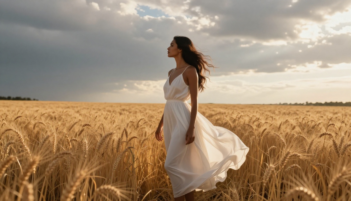 Woman in flowing white sundress in golden wheat field at sunset, wide angle shot with dramatic sky, cinematic editorial photography with translucent fabric backlight