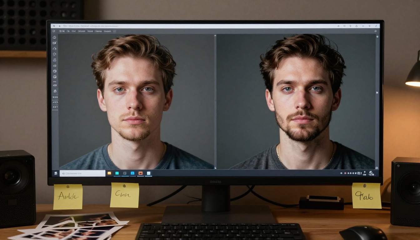 AI art comparison on widescreen monitor in dim creative studio, showing obviously fake AI image versus photorealistic AI portrait side by side, warm desk lamp light